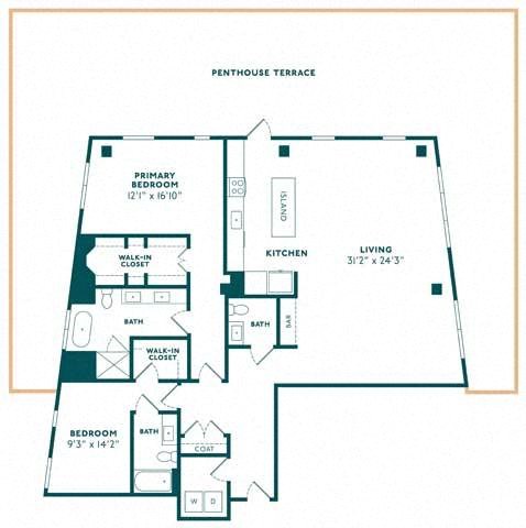 Floor plan for 2 beds, 2.5 baths, 1985 sqft